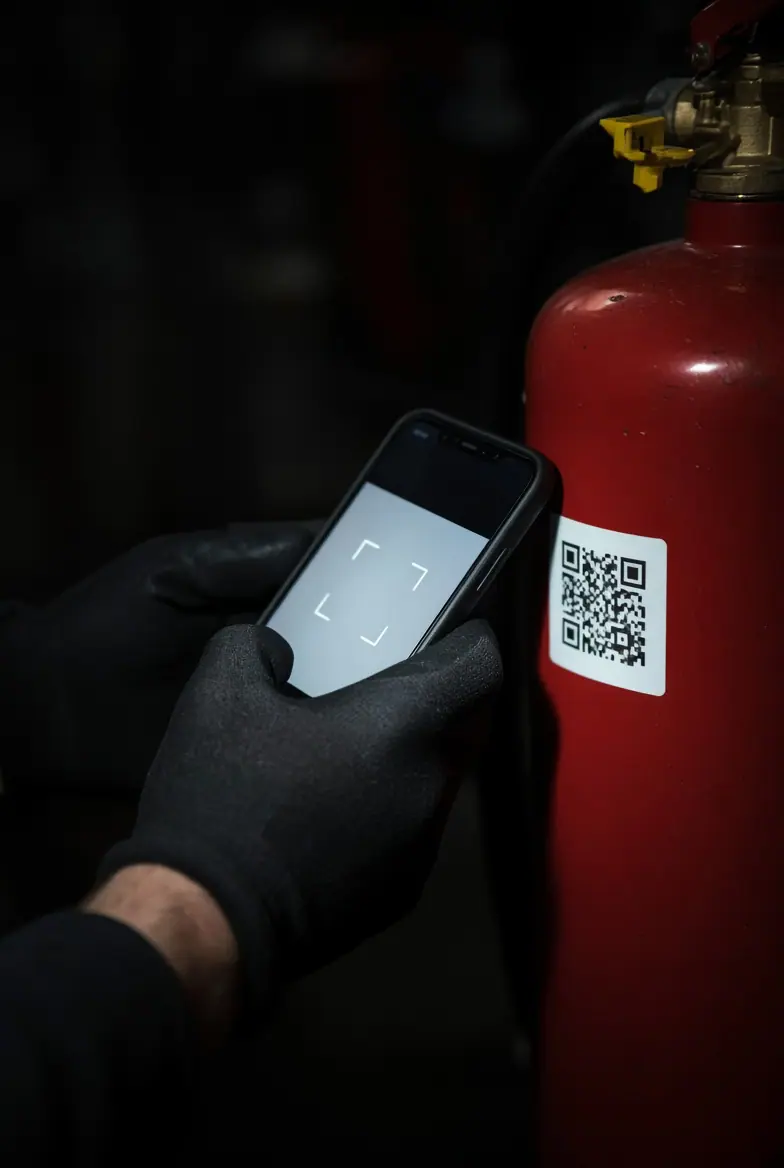 Техник сканира QR етикет на пожарогасител с телефон